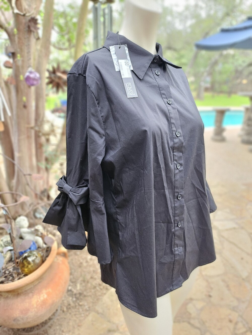 New W Tag Ravel Black Button Down Blouse With Bows Sleeve Size S